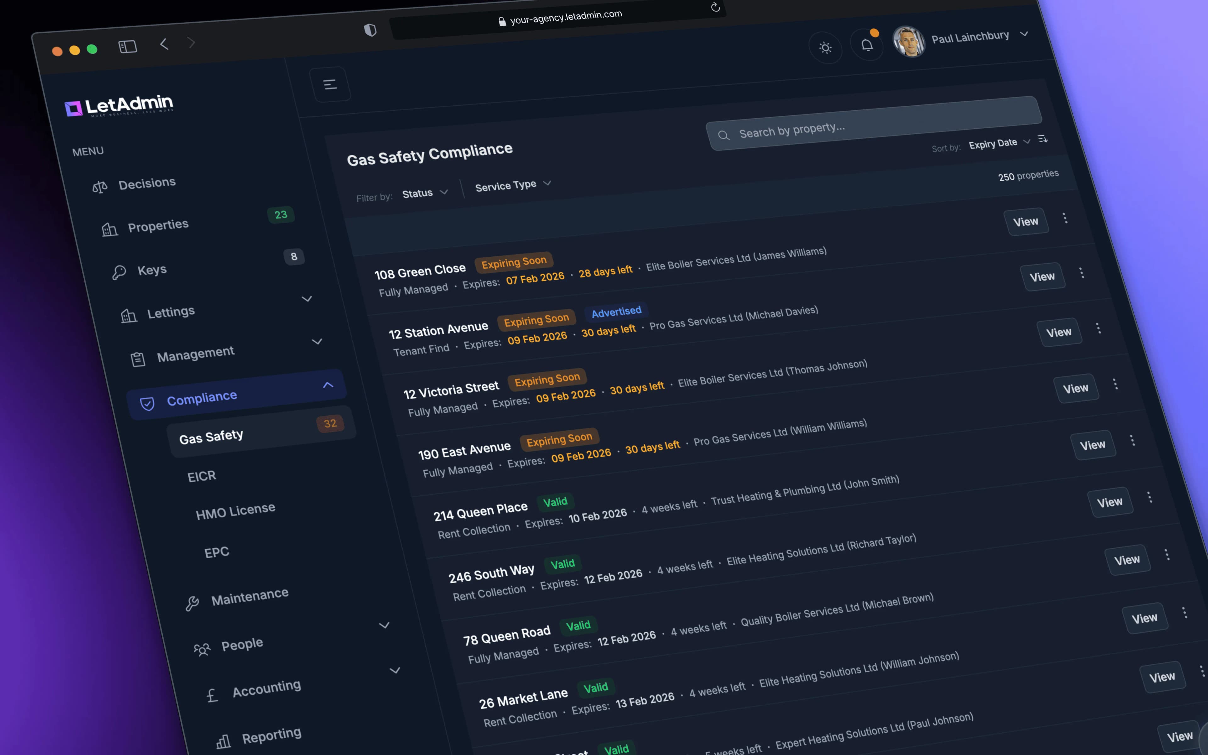 LetAdmin certificate compliance dashboard showing gas safety, EPC, and EICR status for managed properties