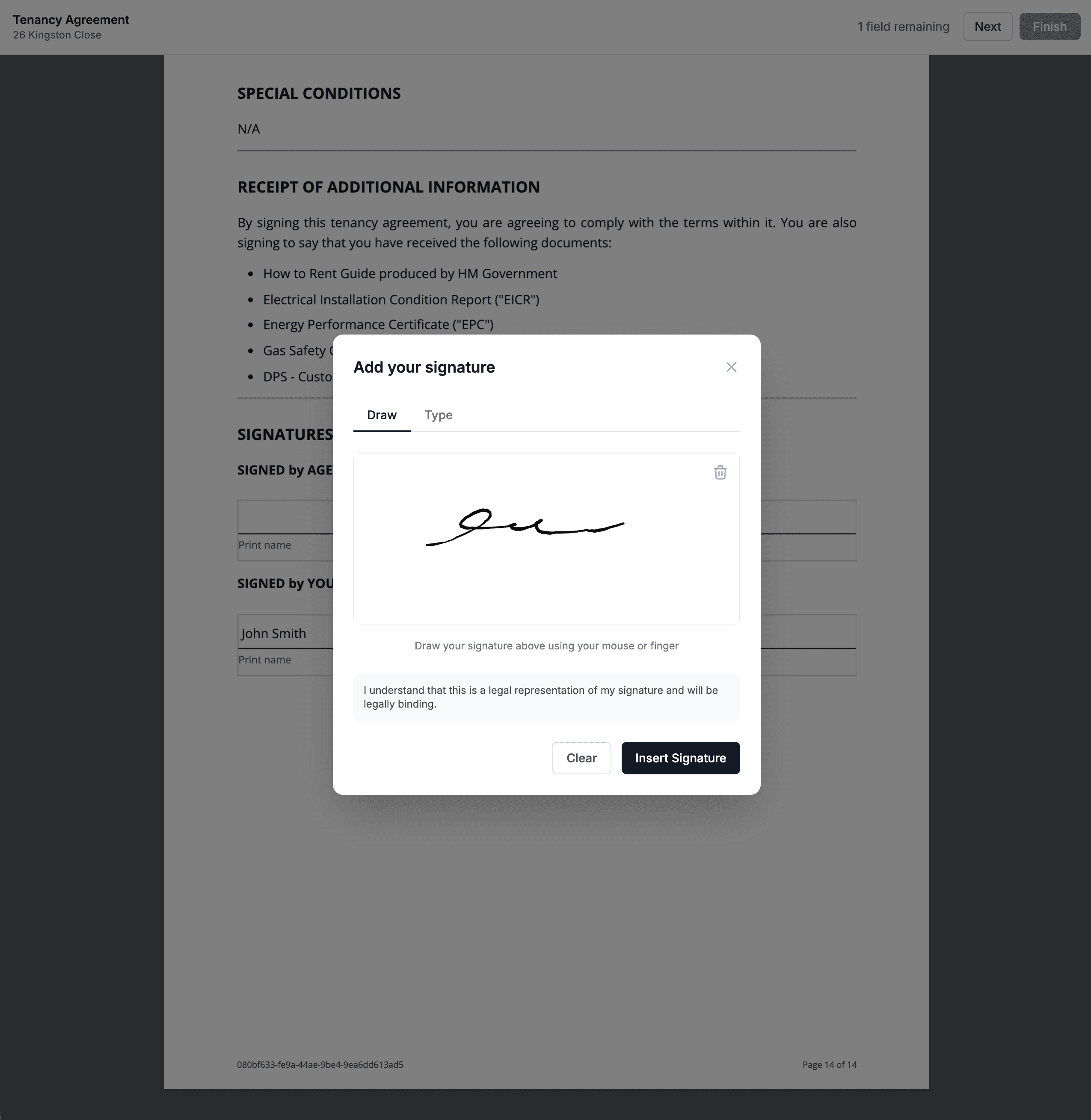 Tenancy agreement signature capture in LetAdmin