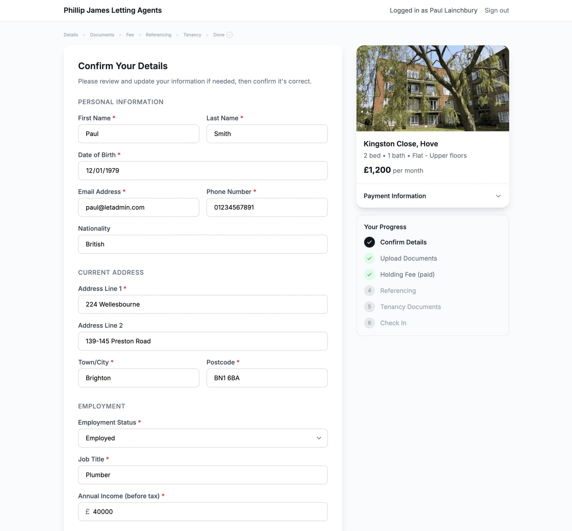 LetAdmin online tenant application form showing the multi-step application process