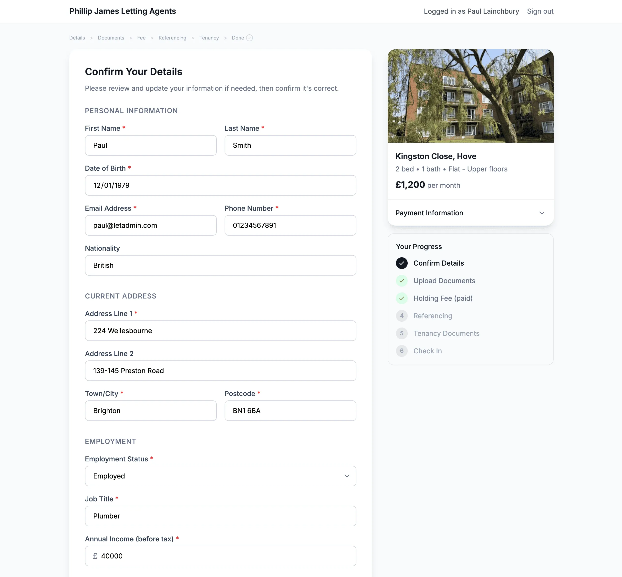 LetAdmin online tenant application form showing the multi-step application process
