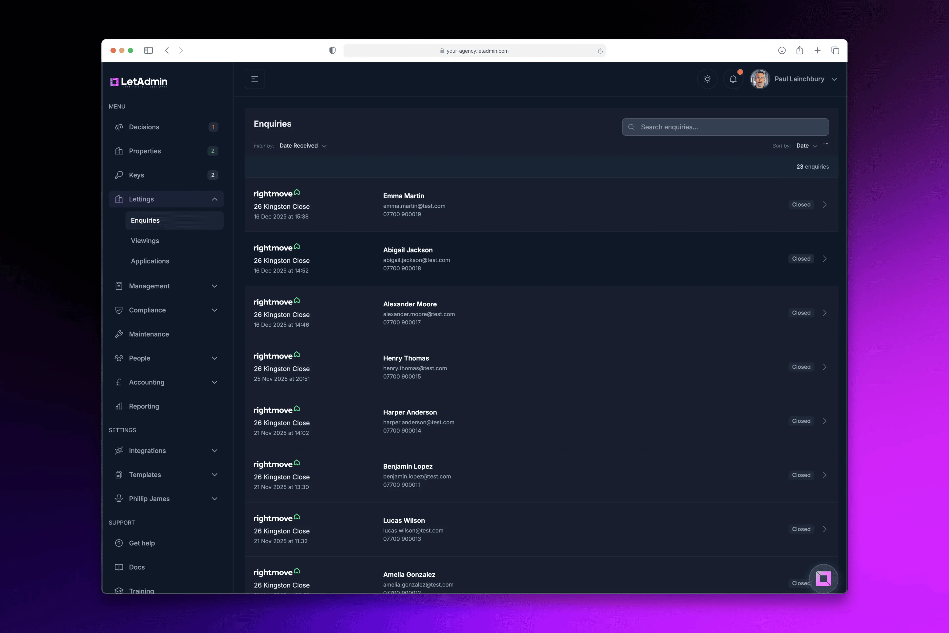 LetAdmin enquiries dashboard showing real-time Rightmove enquiries with automated journey status