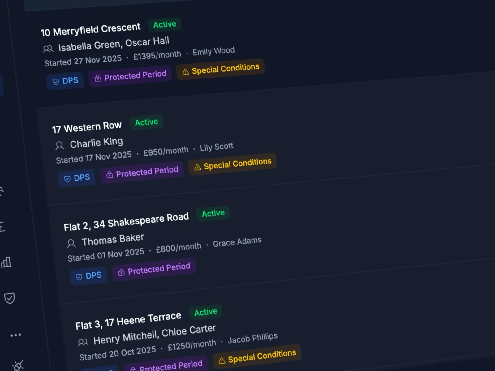 LetAdmin tenancies screen showing Protected Period badges for Renters' Rights Act compliance