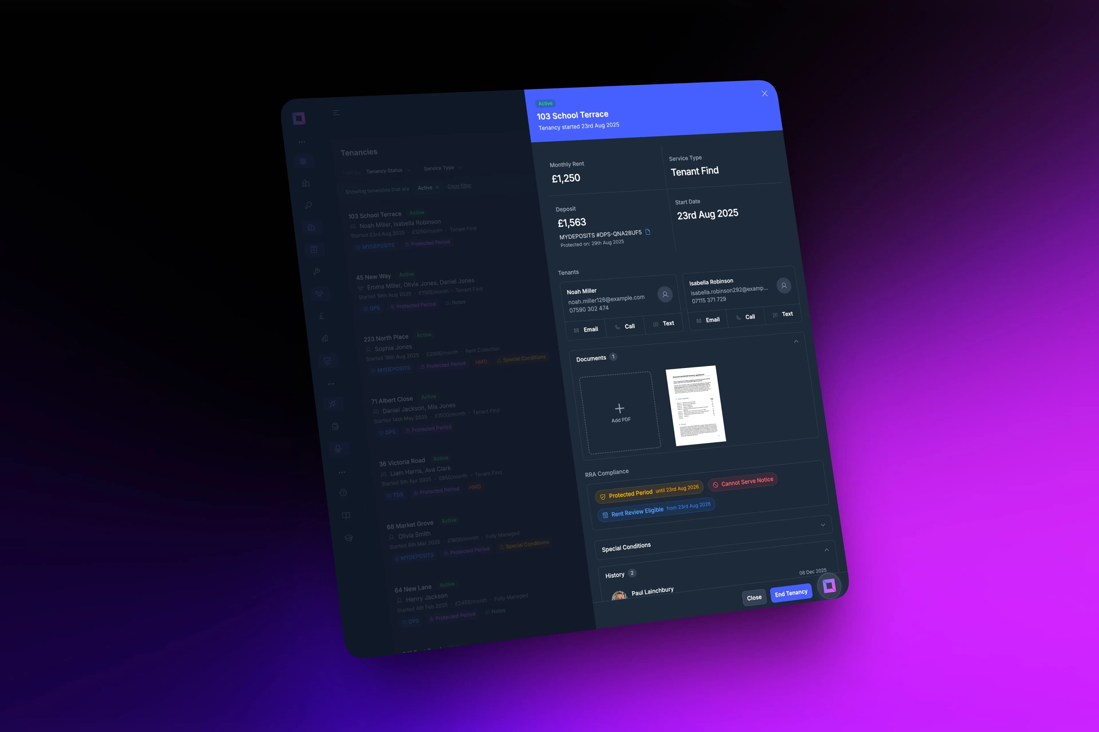 LetAdmin's tenancy slideover panel showing tenant details, rent information, deposit protection status and RRA compliance
