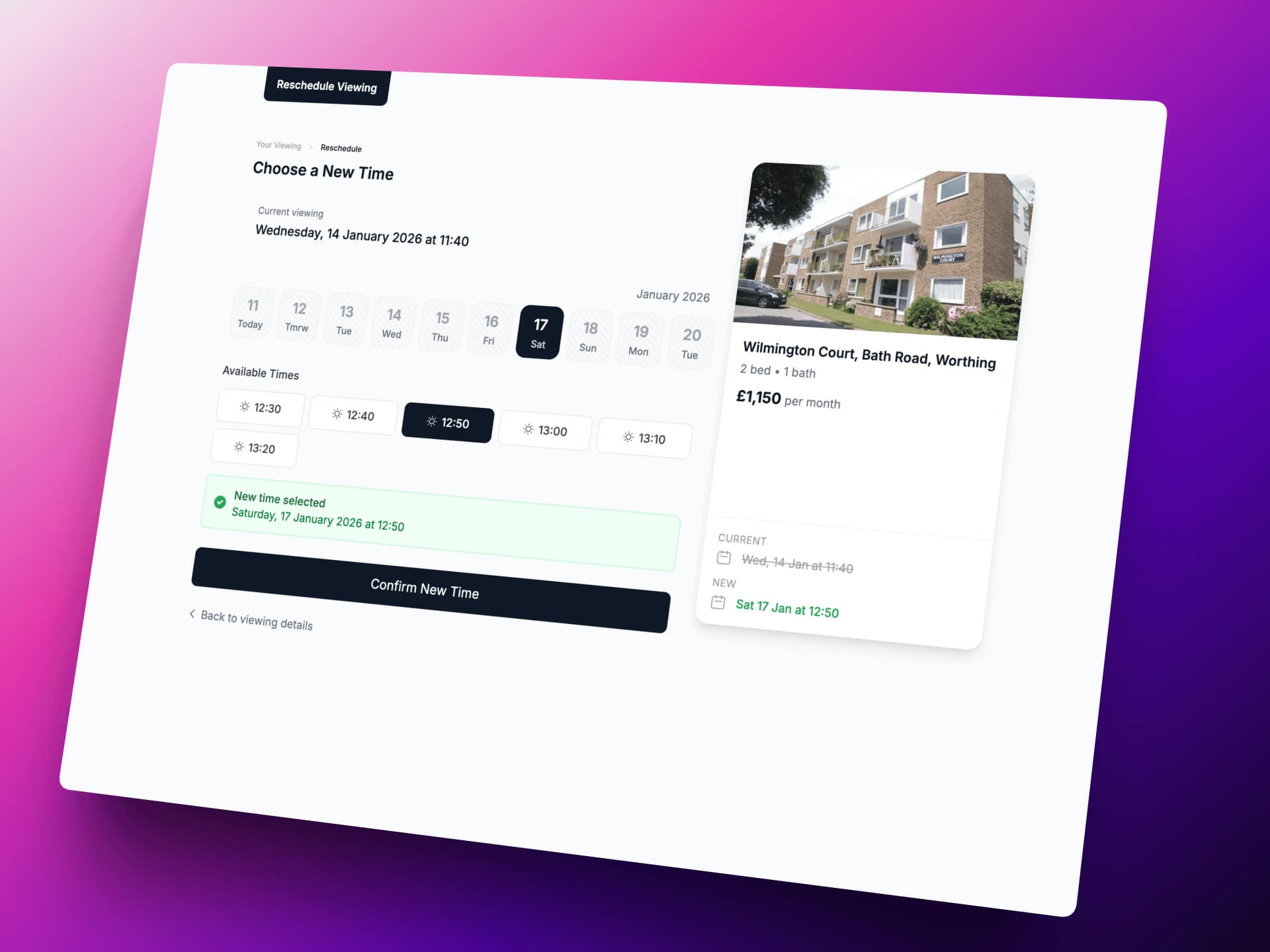 LetAdmin viewing reschedule screen showing available time slots for self-service rescheduling