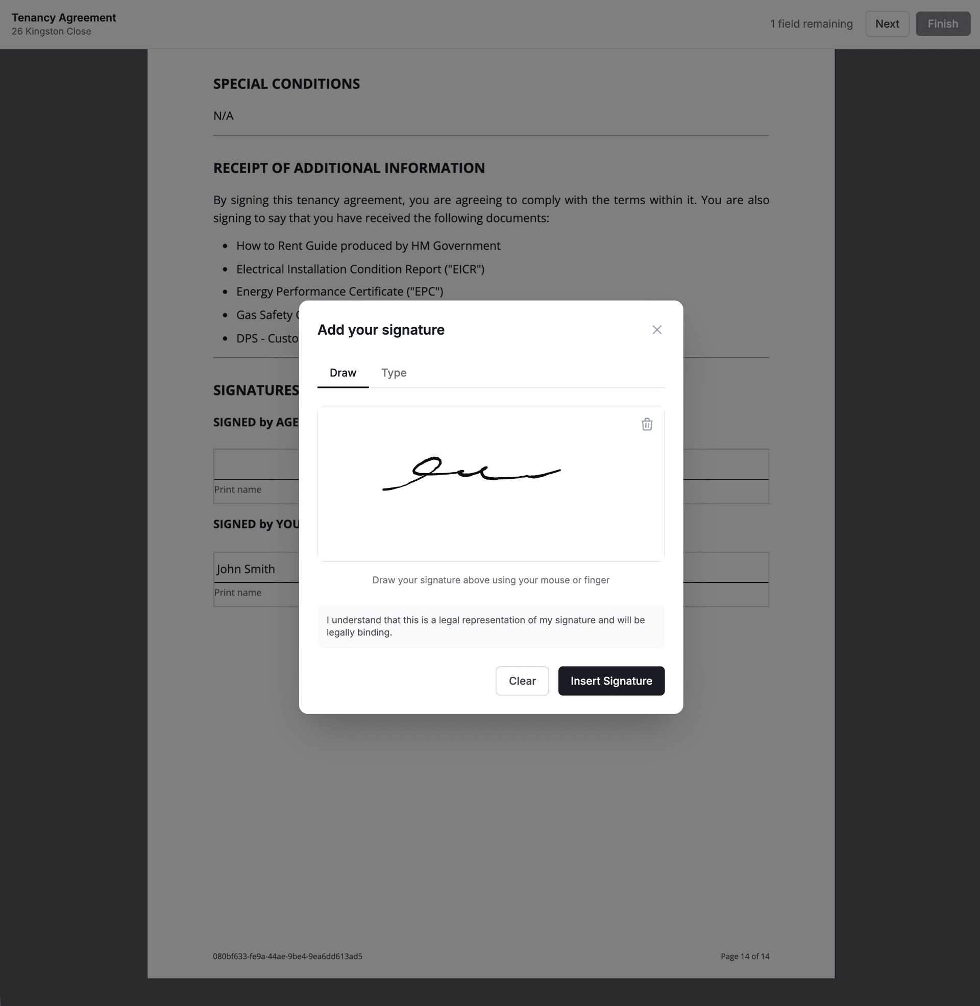 Tenancy agreement signature capture in LetAdmin