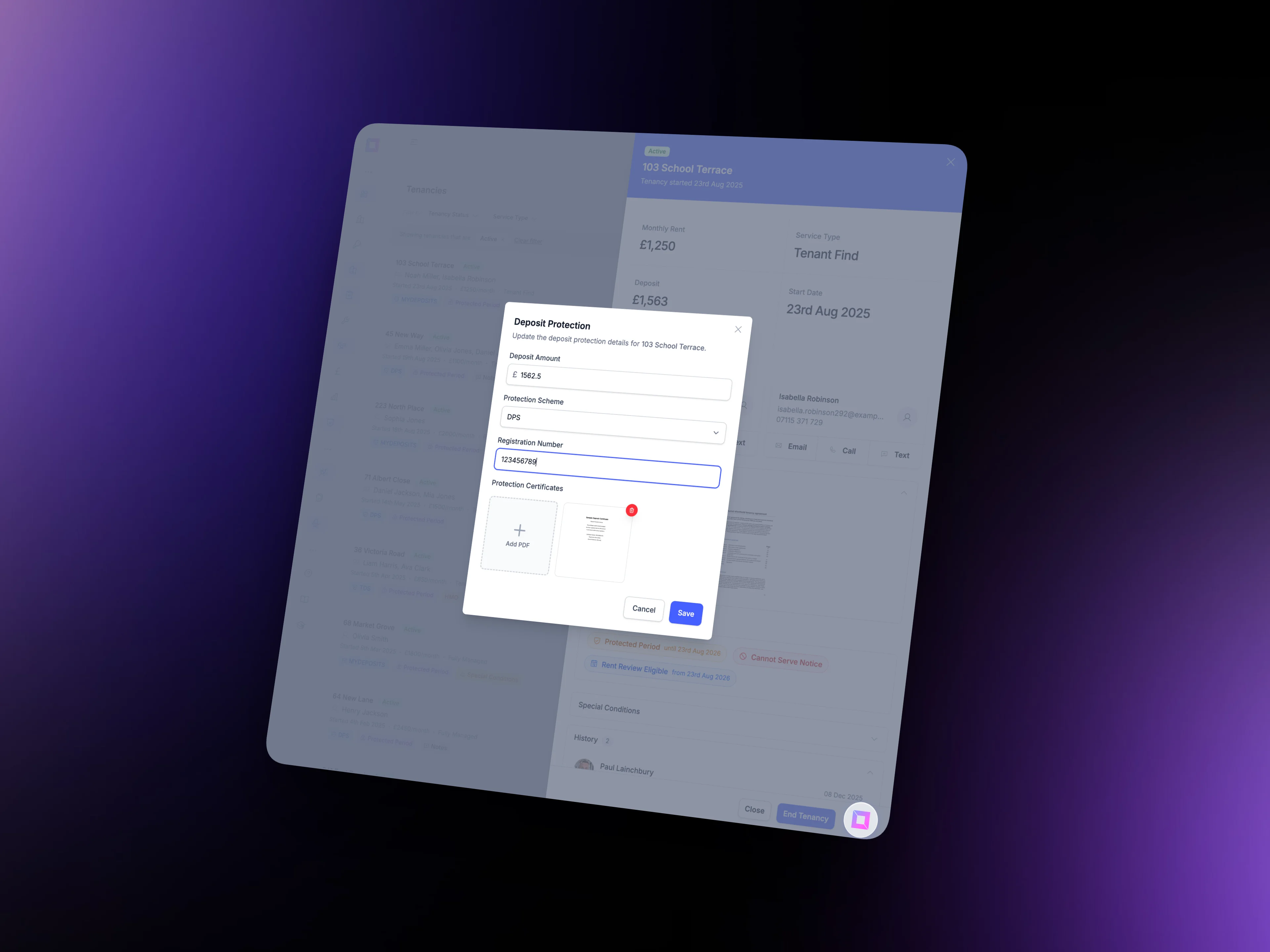 LetAdmin's deposit protection tracking showing protection status, scheme details and certificates