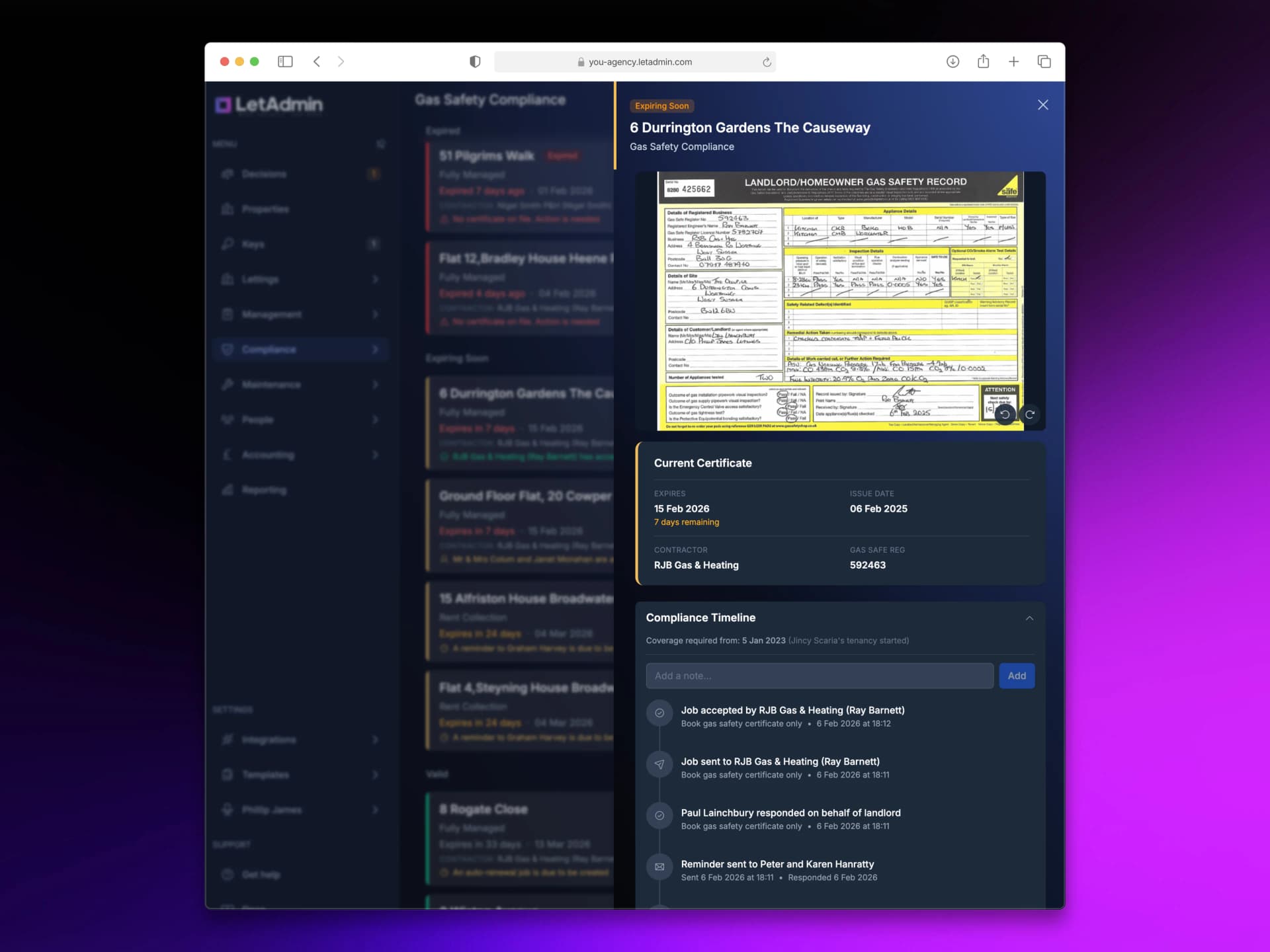 LetAdmin gas safety compliance slideover showing certificate status, timeline, and automated workflow