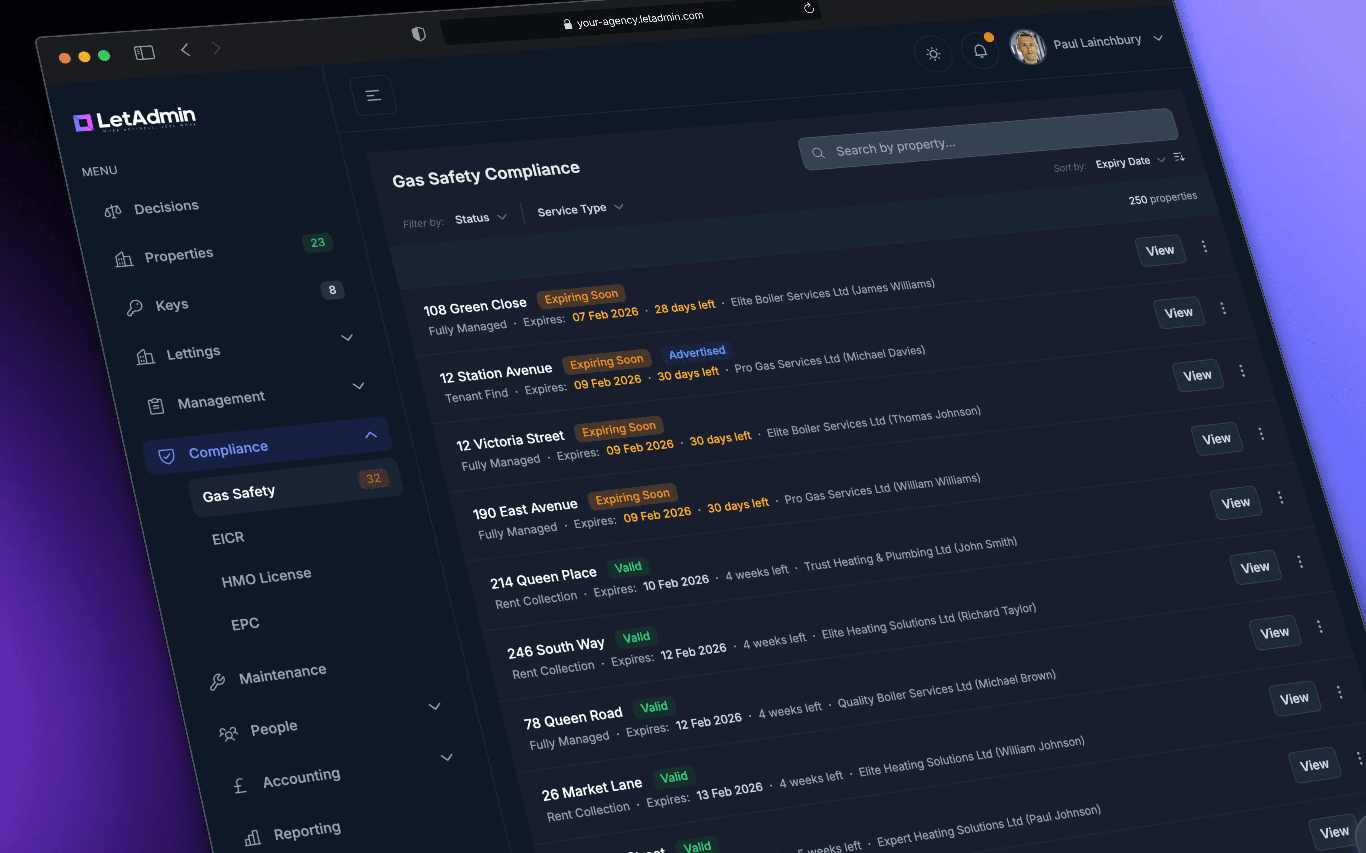 LetAdmin certificate compliance dashboard showing gas safety, EPC, and EICR status
