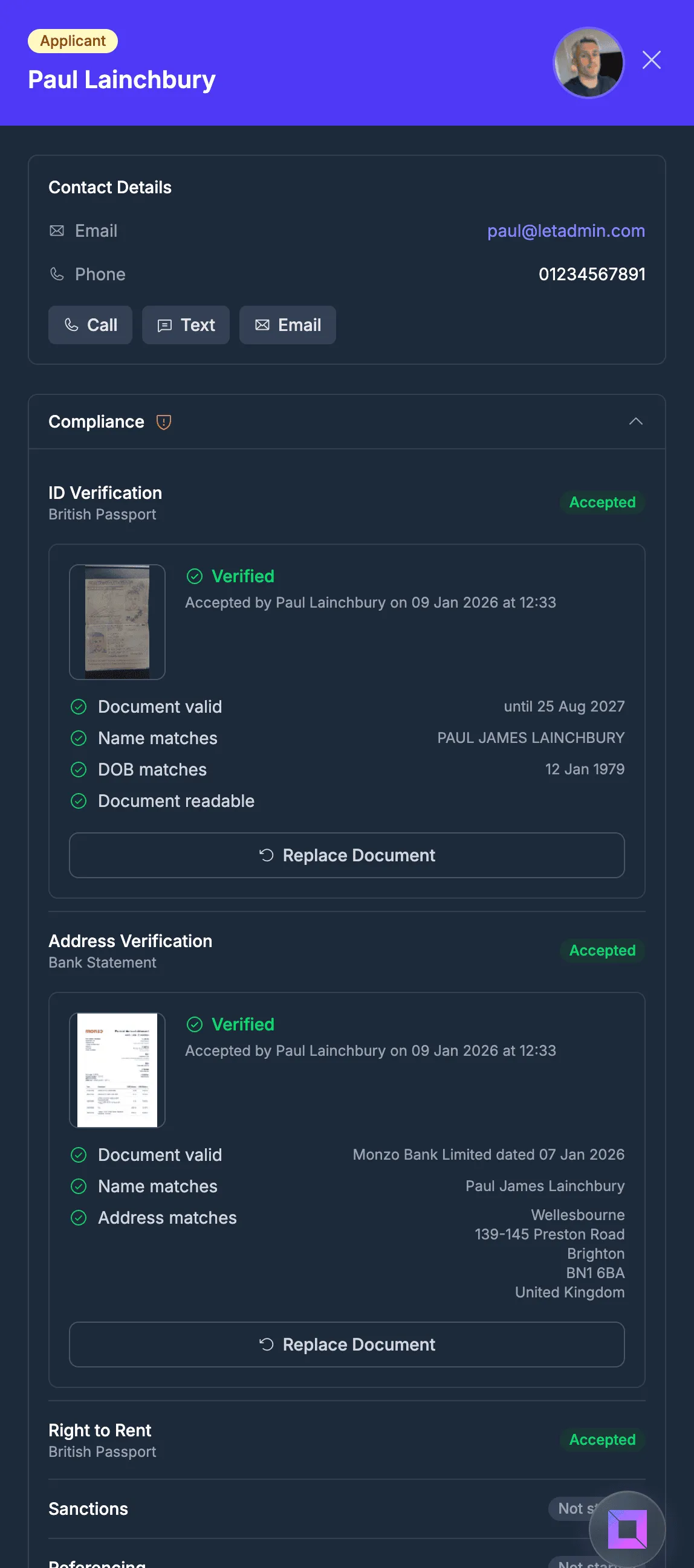 LetAdmin AI-powered ID verification showing document analysis results