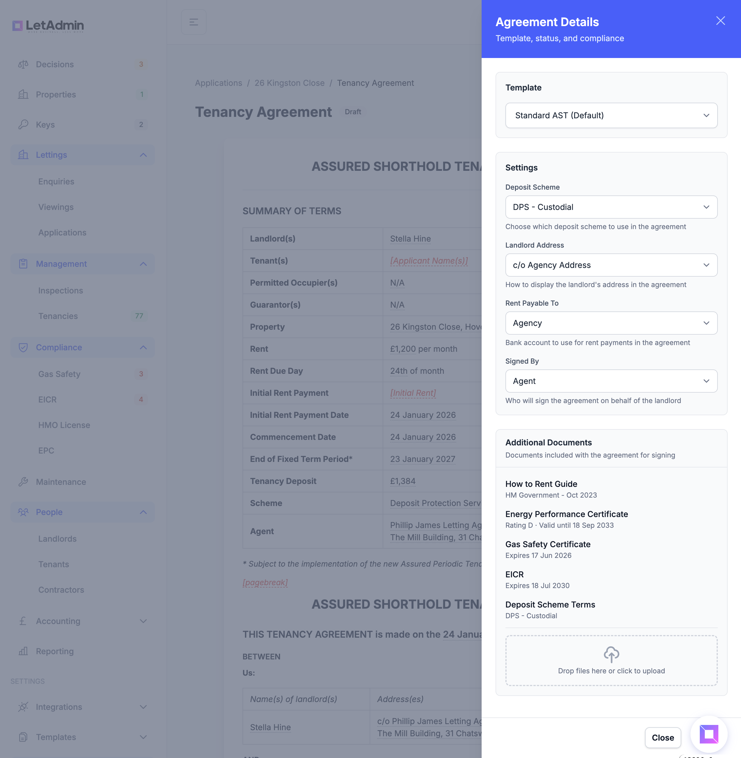 Tenancy agreement details slideover showing compliance status