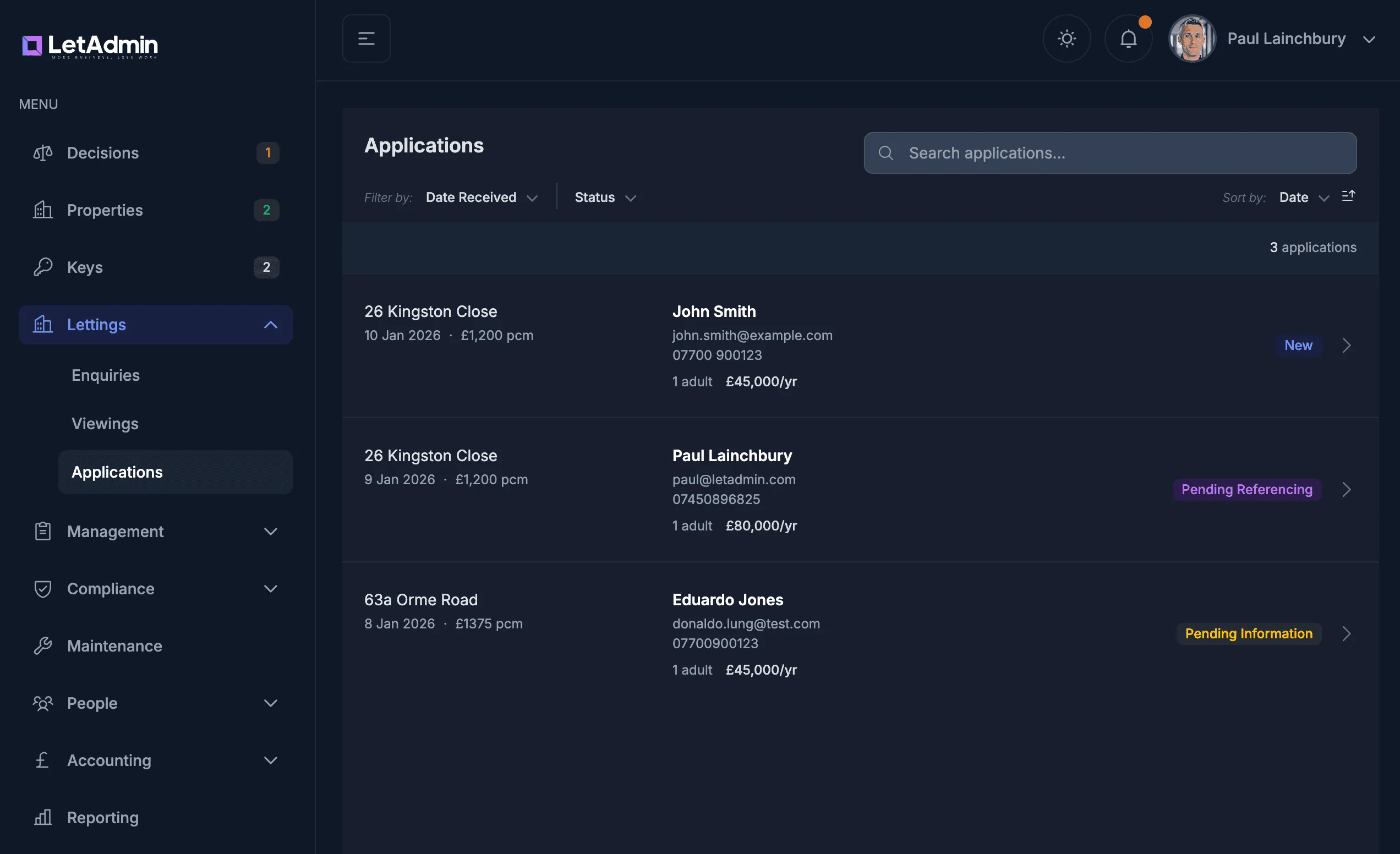LetAdmin application dashboard showing submitted applications