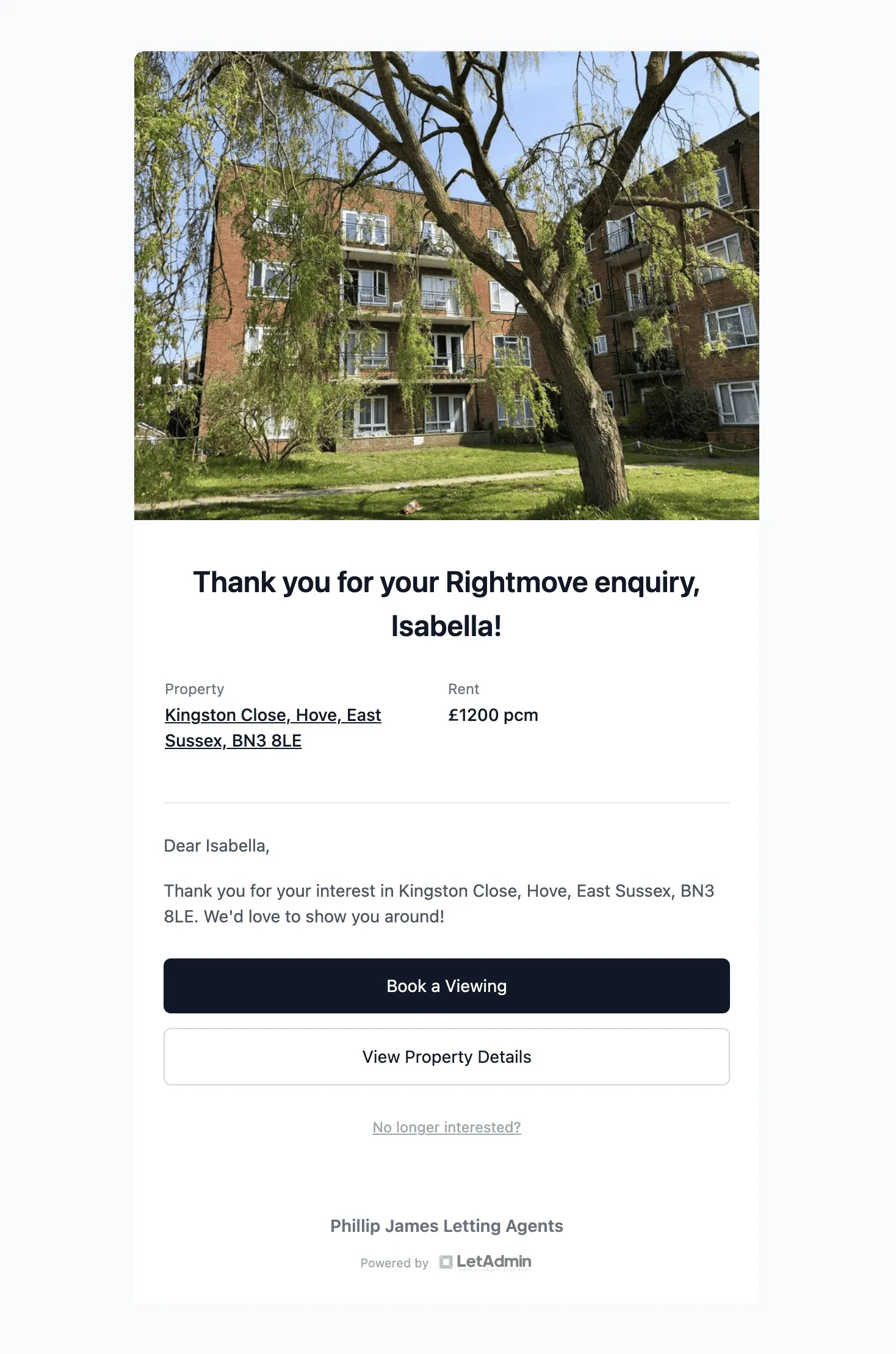 Automated email response with property details and viewing booking link