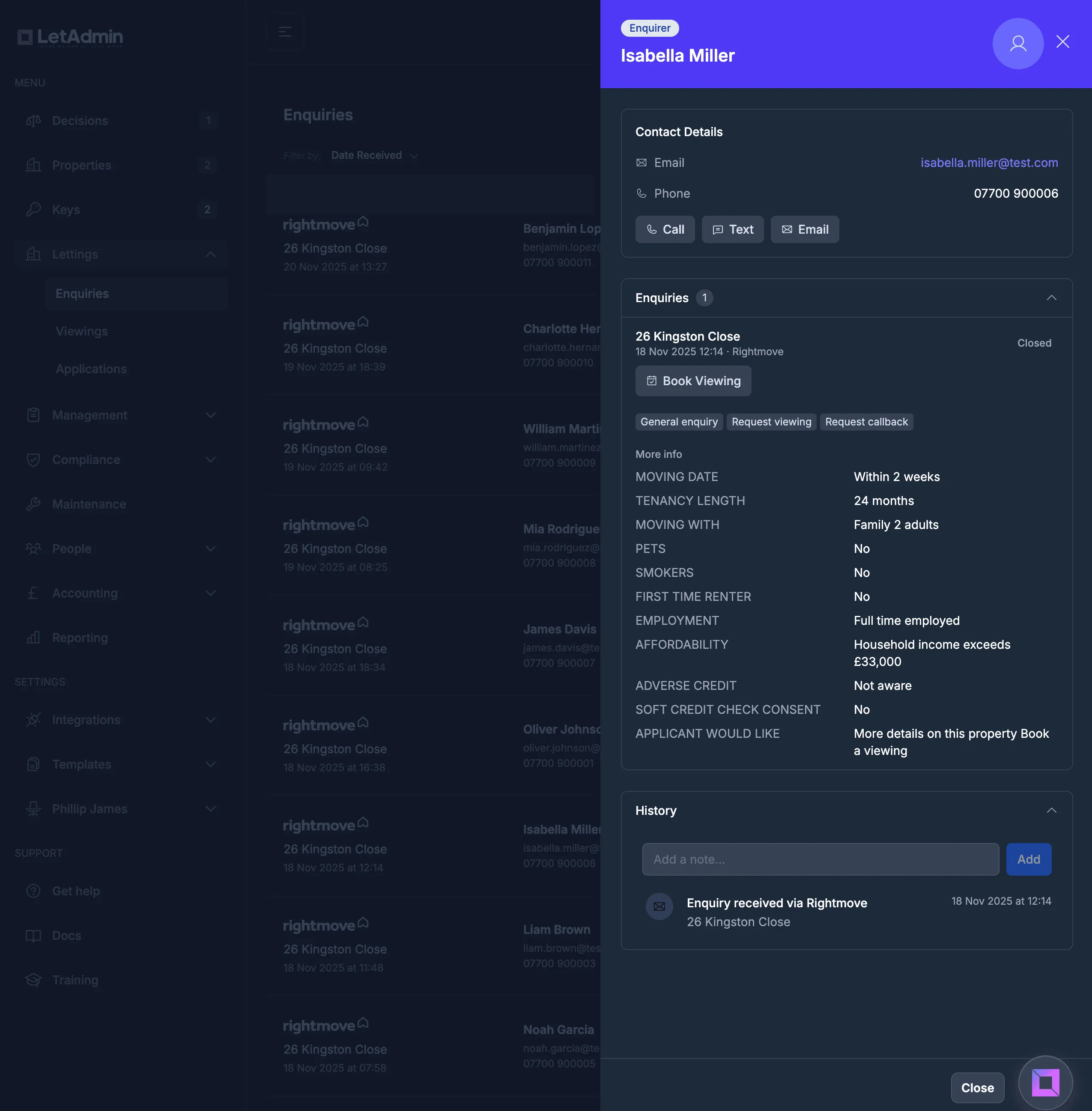 LetAdmin showing a Rightmove enquiry received in real time with prospect details