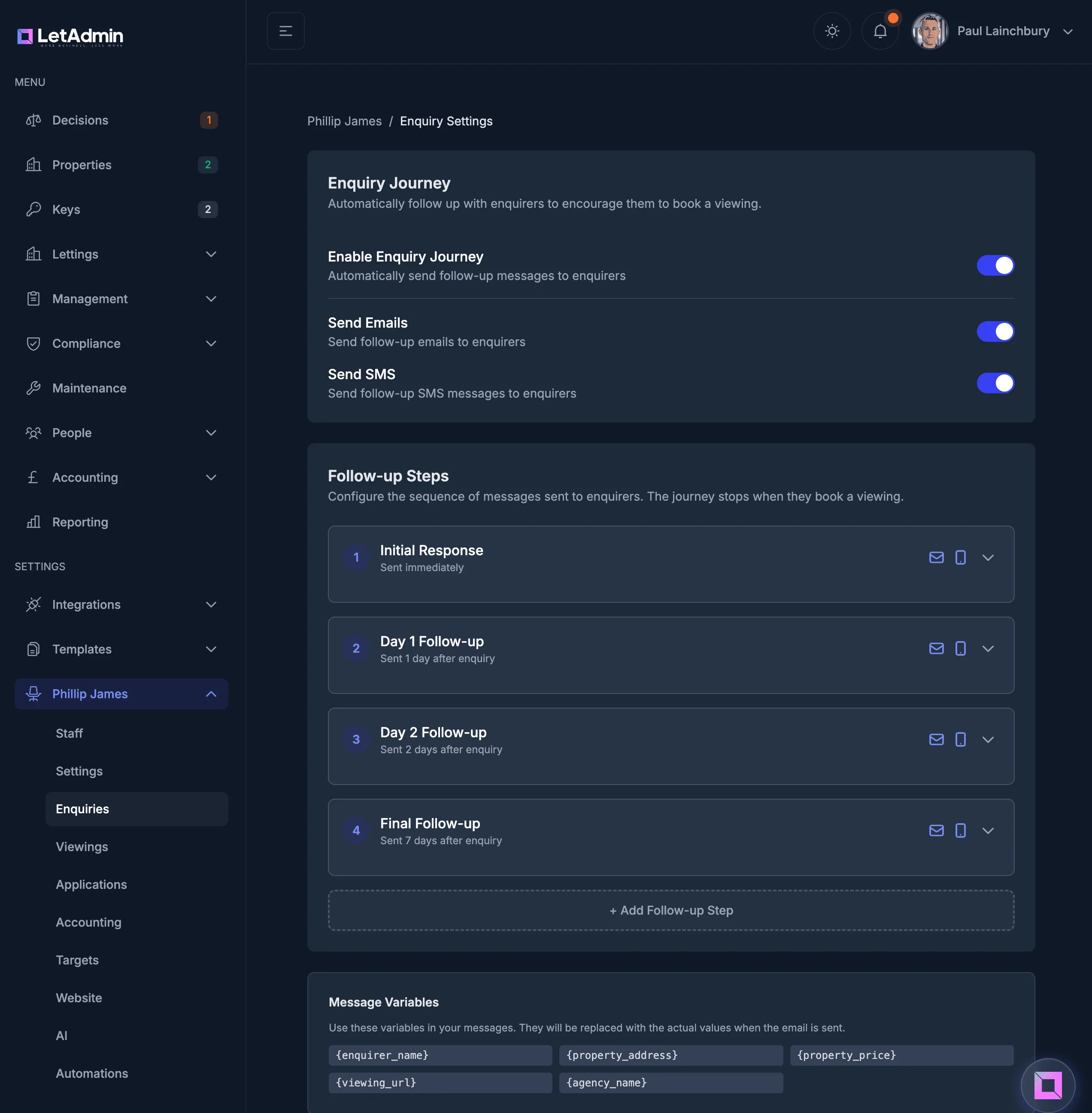 LetAdmin enquiry settings showing configurable journey steps, timing, and message templates