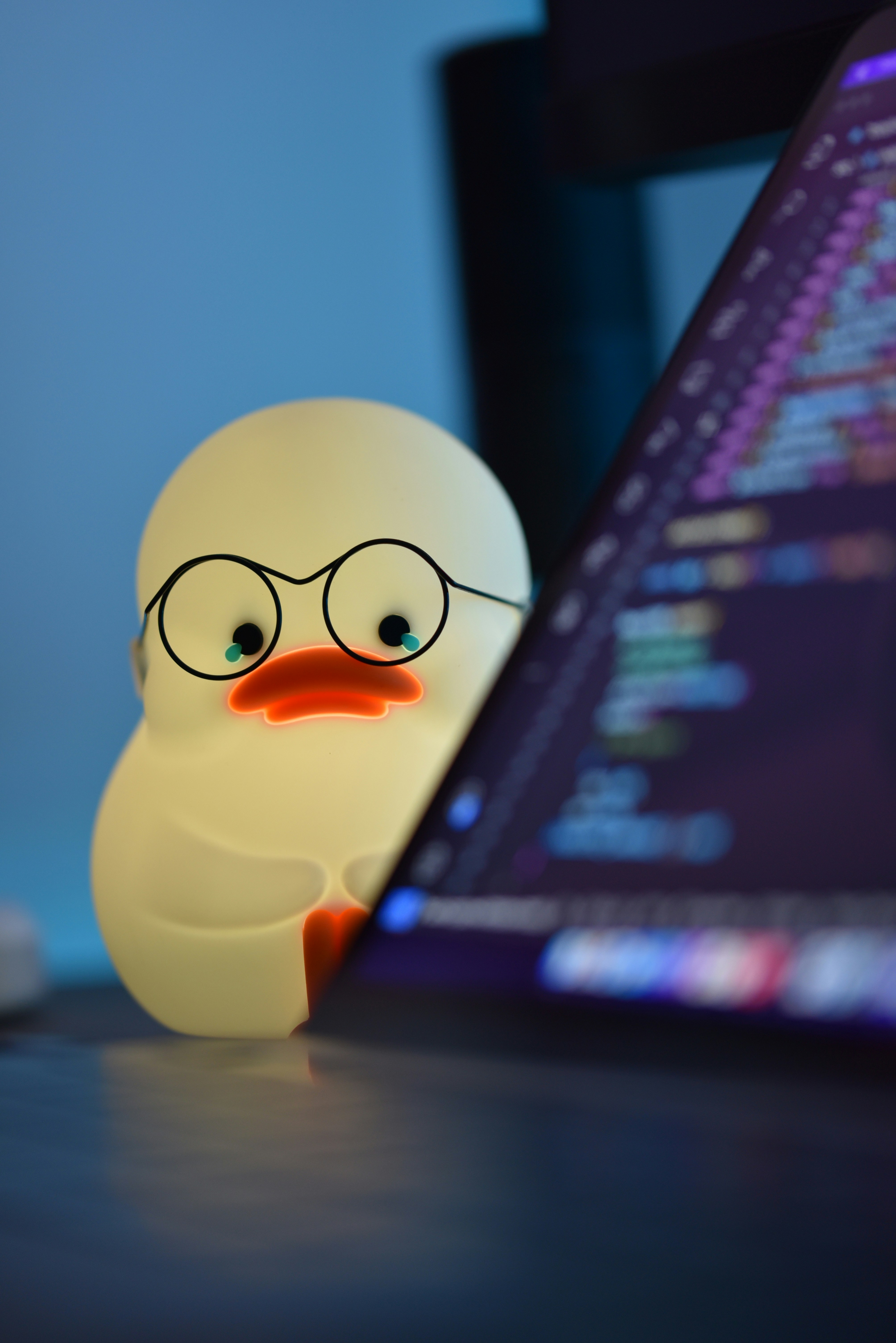 Rubber duck debugging companion next to laptop with code