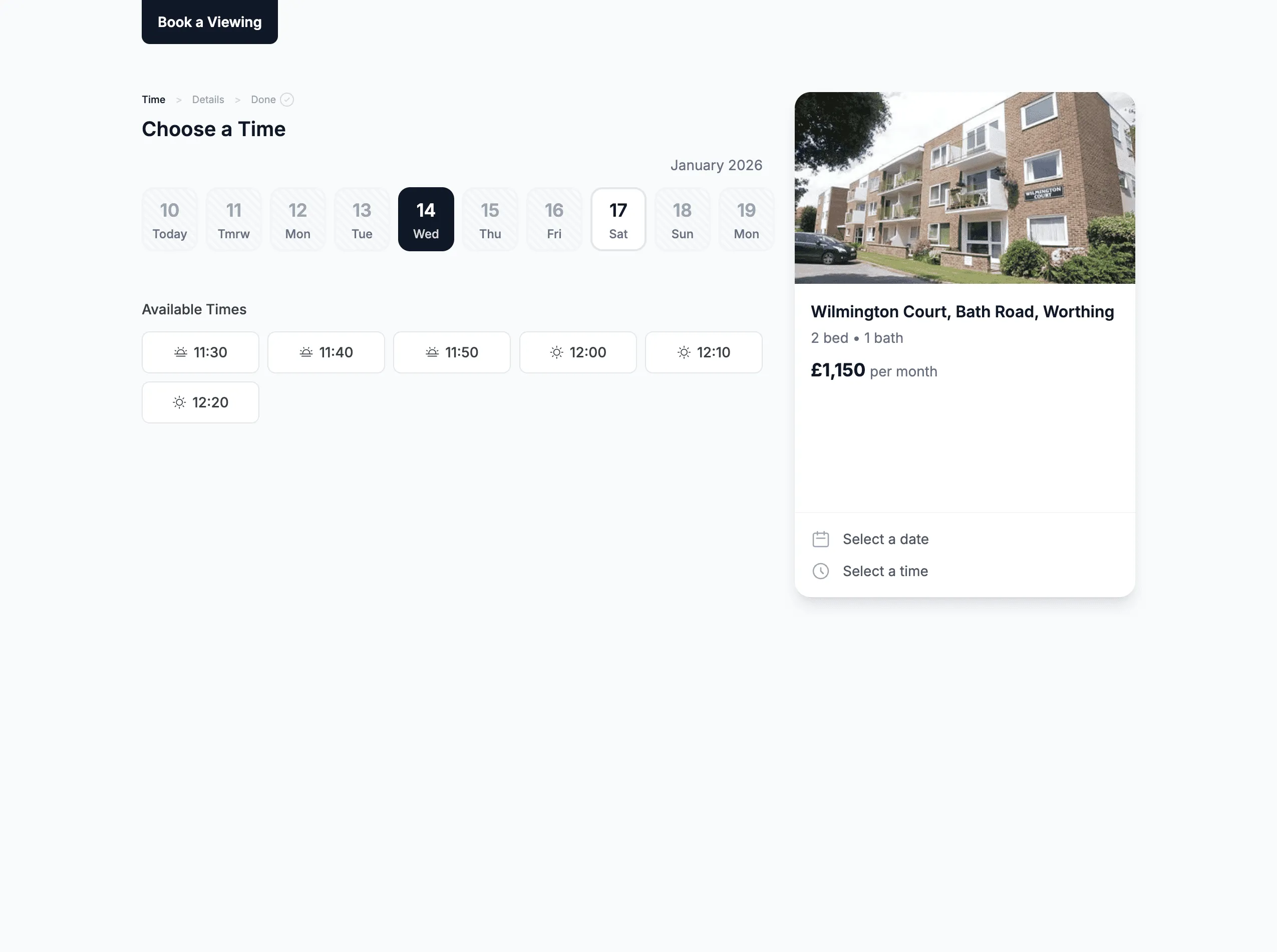 LetAdmin self-service viewing booking page showing available time slots