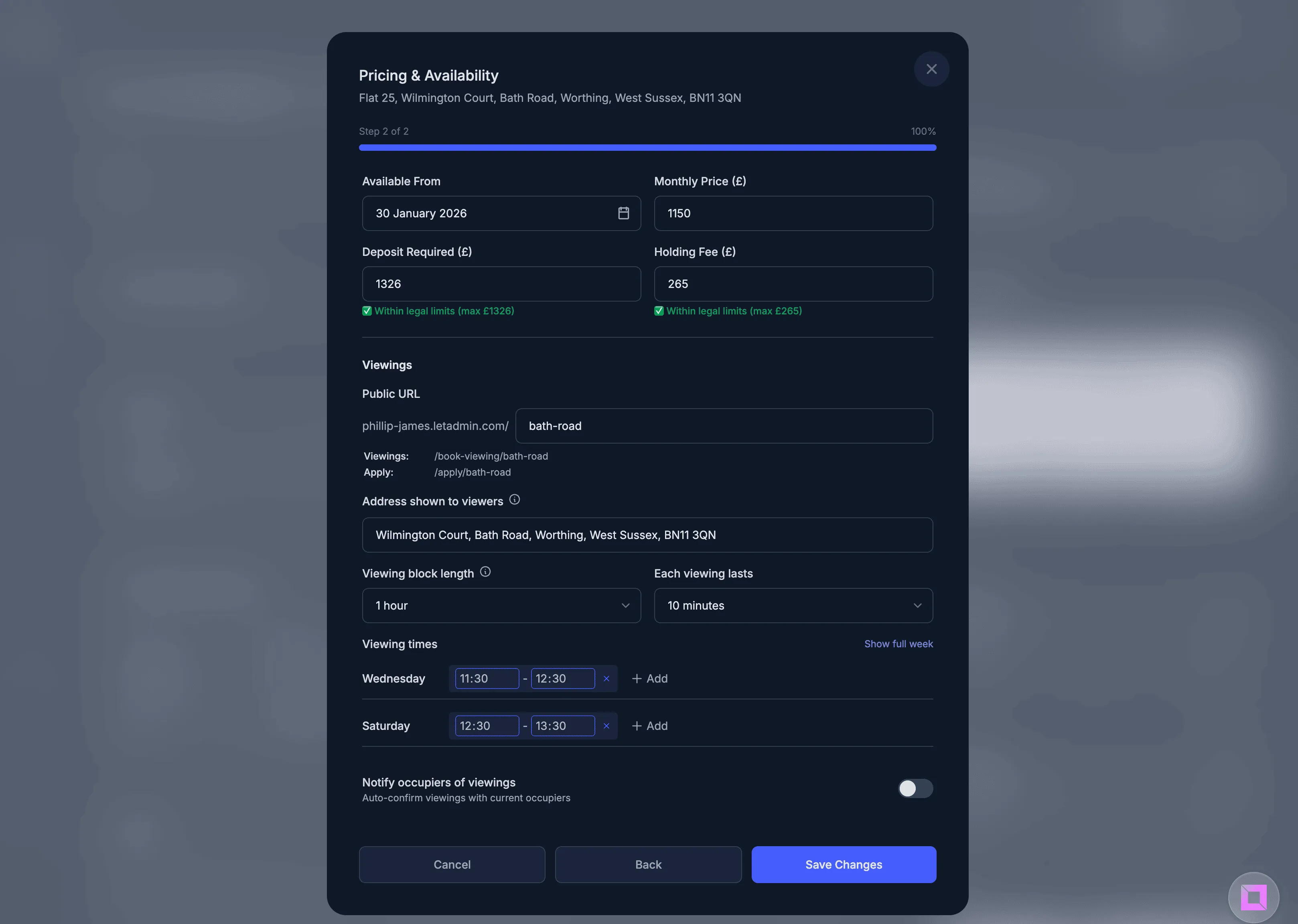 LetAdmin viewing settings showing availability configuration and booking options