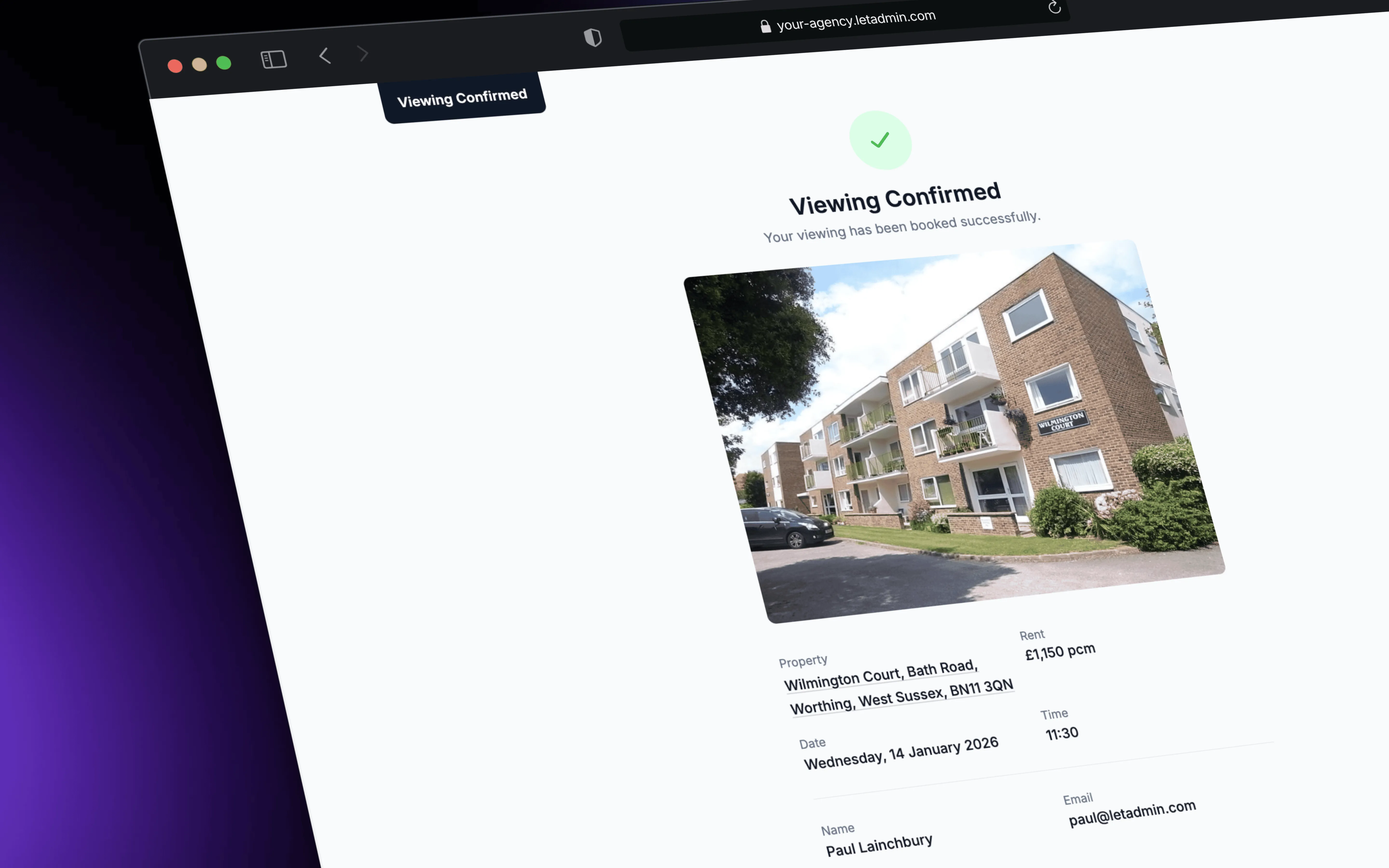 LetAdmin viewing confirmation screen showing booking details